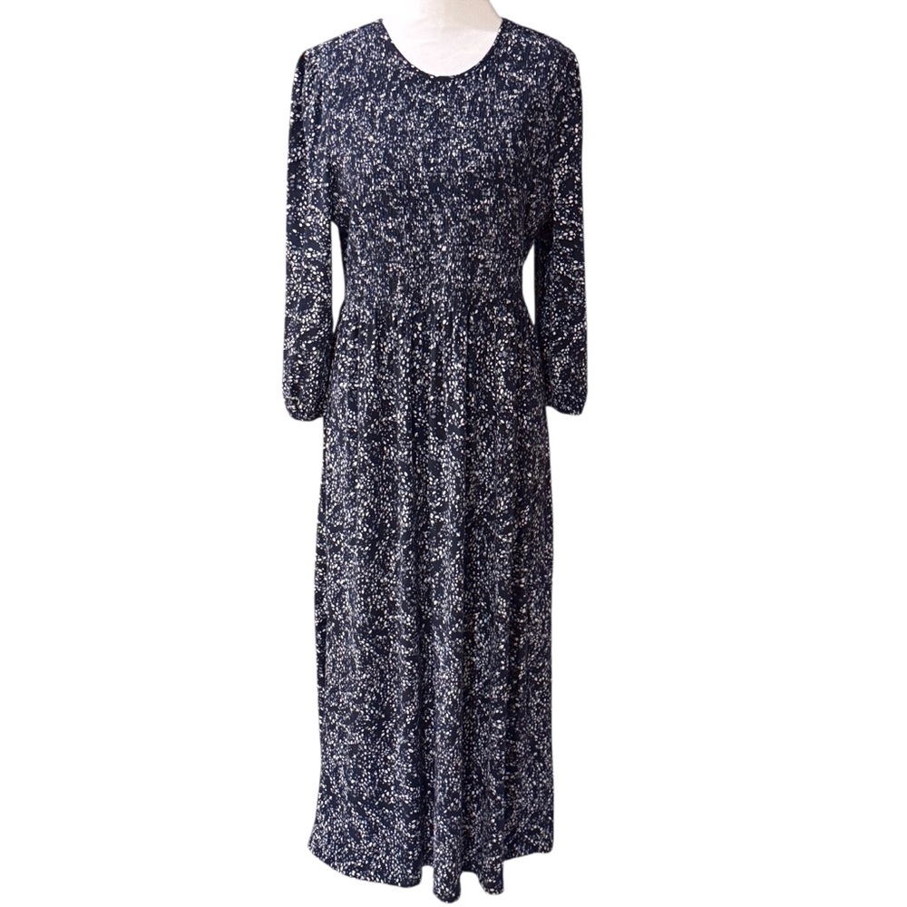 Garnet Hill Smocked Bodice Midi Dress Long Sleeve